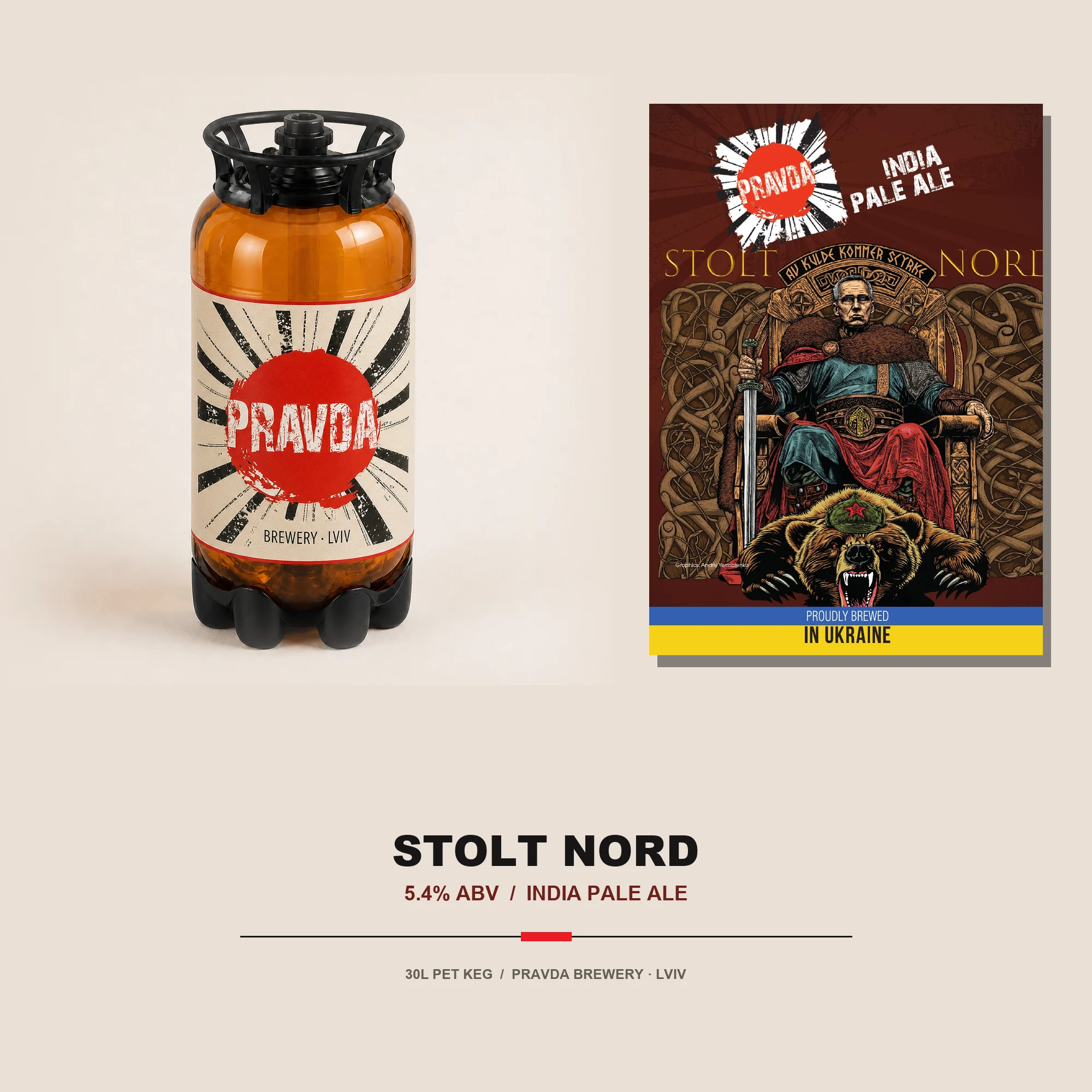 Pravda 30L PET keg and Stolt Nord label