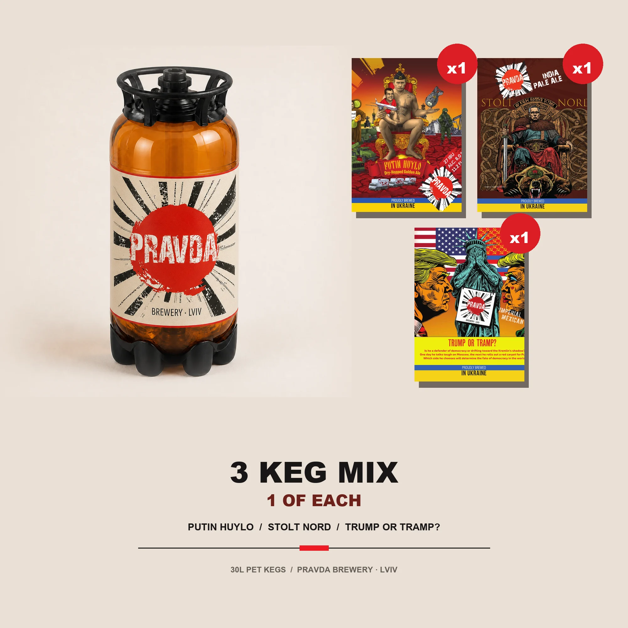 3 Keg Mix with one of each Pravda beer